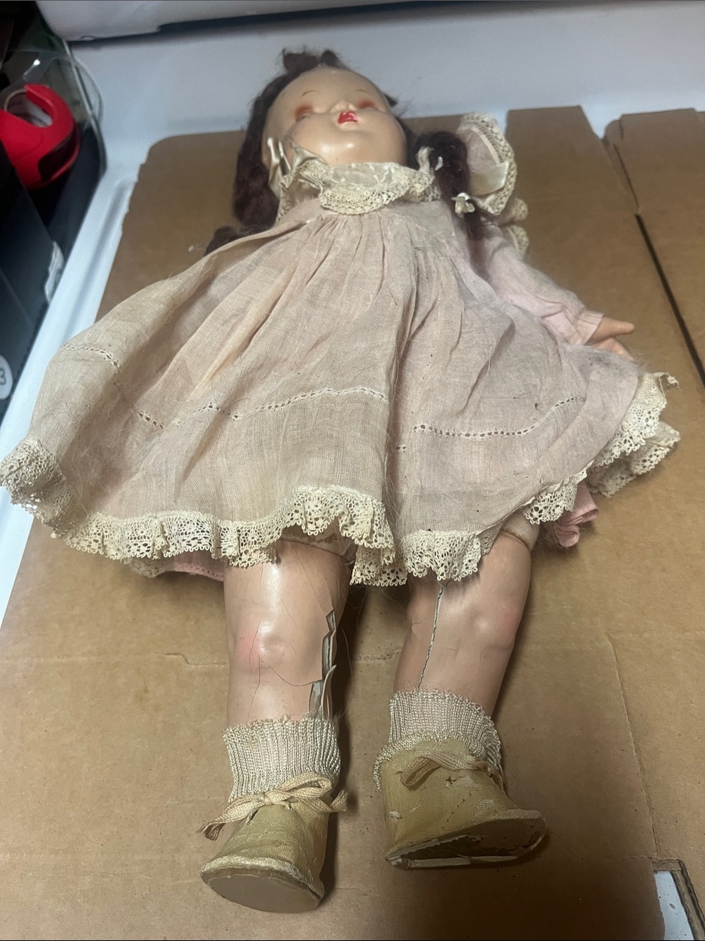 Classic Pink Lace Girls' Doll with Cream Trim Cirxa 1950 ABC as found